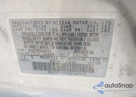 2014 Nissan Versa 1.6 Sv z USA, uszkodzony, nr VIN 3N1CN7AP6EK462424